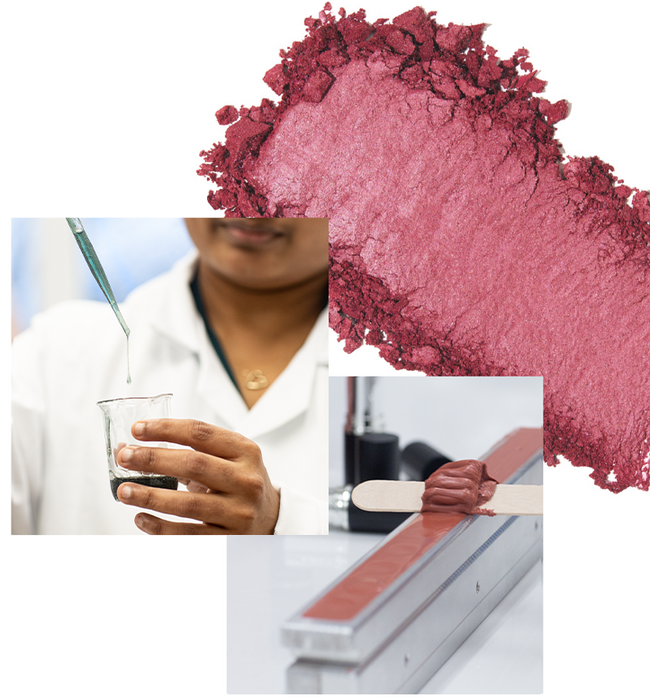 Collaged image shows a pink makeup swatch on the right, A lab technician sampling liquid with a pipette from a glass beaker. The final image is showing makeup being made in production with a spatula skimming the surface to remove excess product.